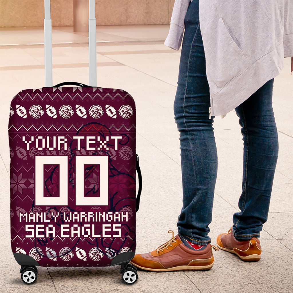 Personalized Sea Eagles Christmas Luggage Cover Australian Rugby Fans - Pixelated Ugly Xmas Pattern Mascot Santa
