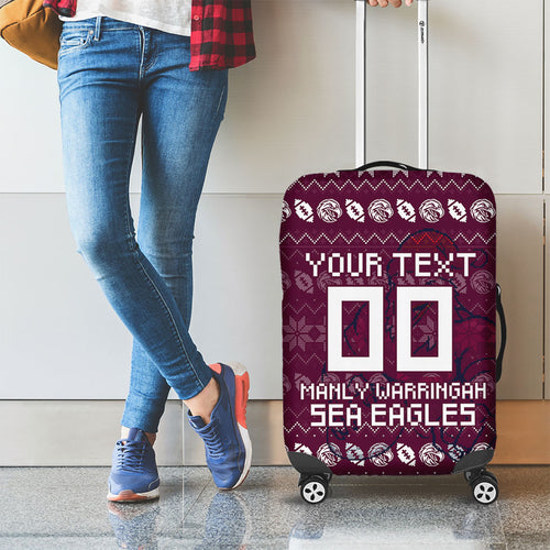 Personalized Sea Eagles Christmas Luggage Cover Australian Rugby Fans - Pixelated Ugly Xmas Pattern Mascot Santa