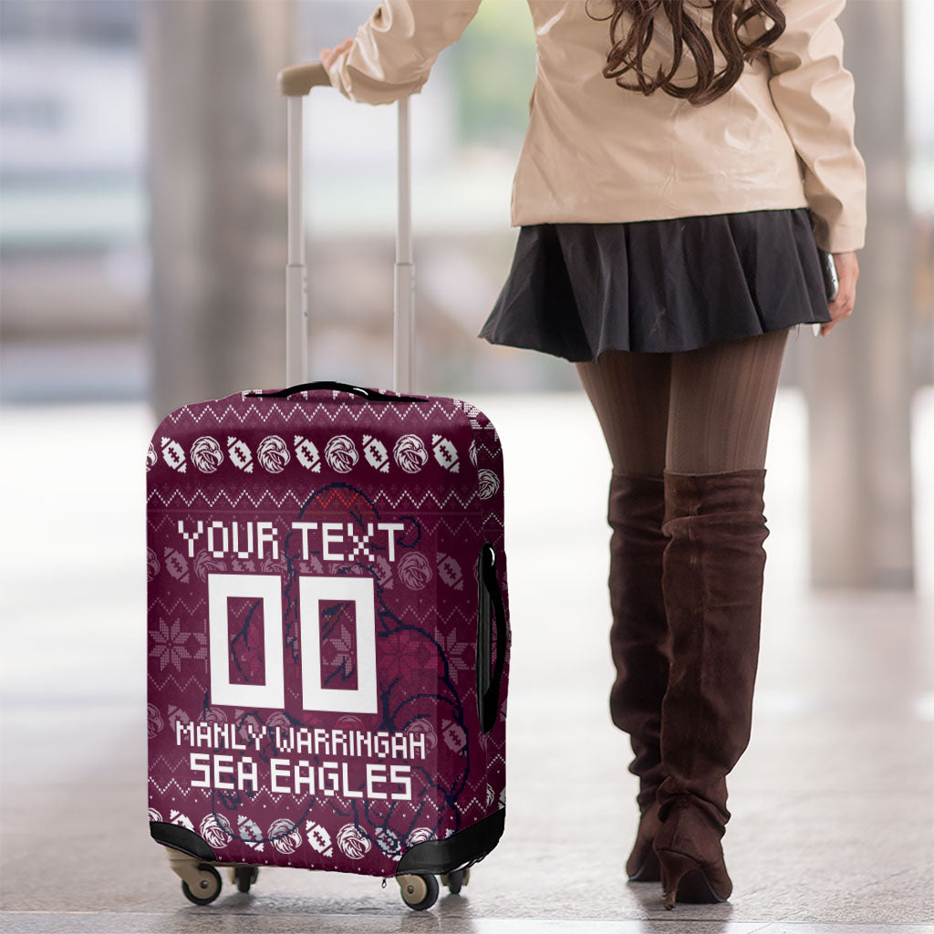 Personalized Sea Eagles Christmas Luggage Cover Australian Rugby Fans - Pixelated Ugly Xmas Pattern Mascot Santa