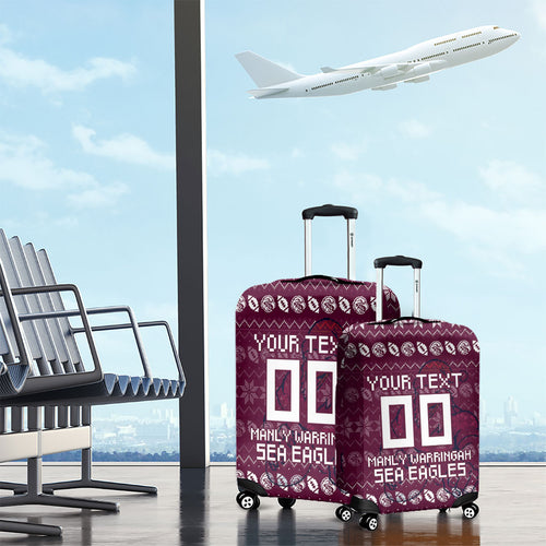 Personalized Sea Eagles Christmas Luggage Cover Australian Rugby Fans - Pixelated Ugly Xmas Pattern Mascot Santa