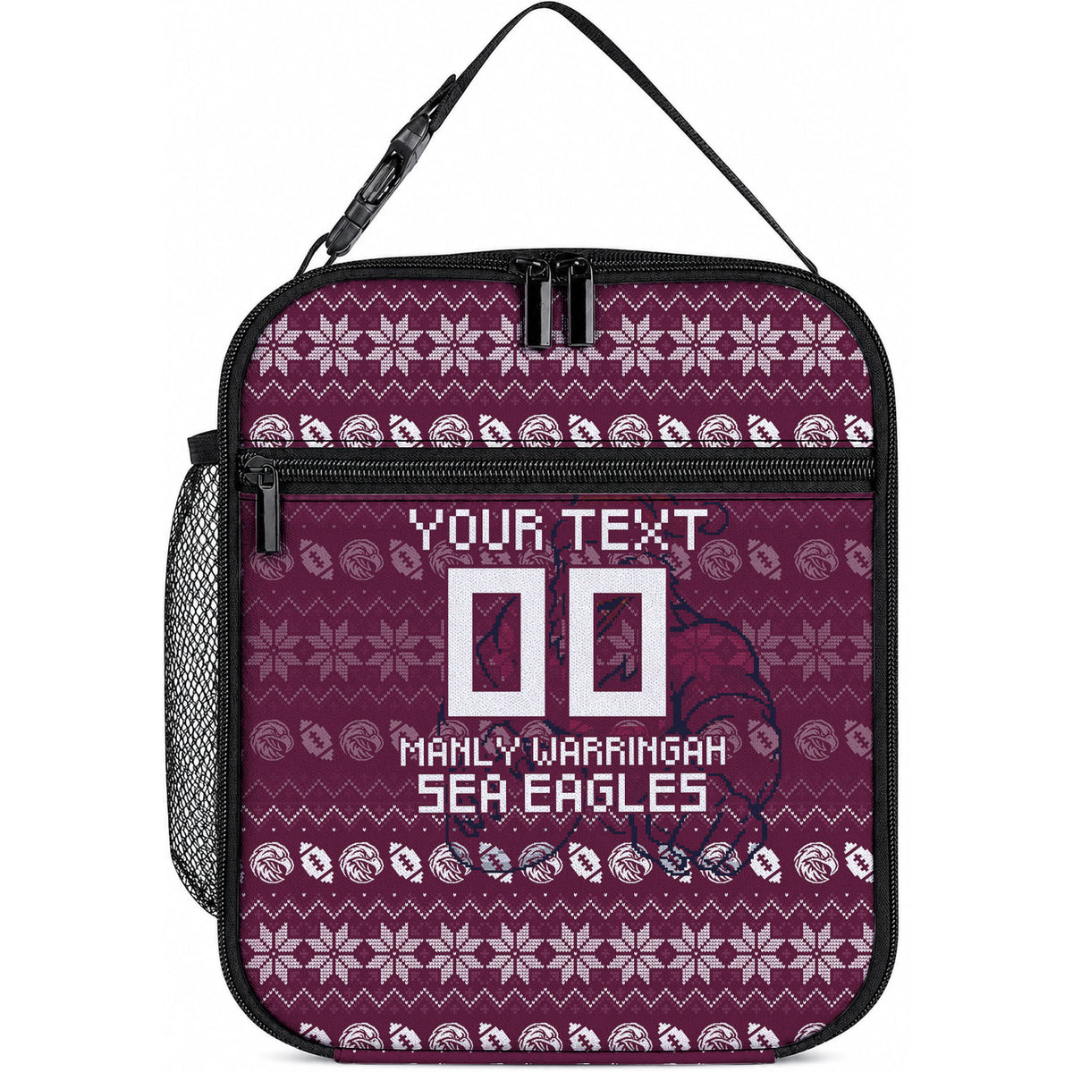 Personalized Sea Eagles Christmas Lunch Bag Australian Rugby Fans - Pixelated Ugly Xmas Pattern Mascot Santa