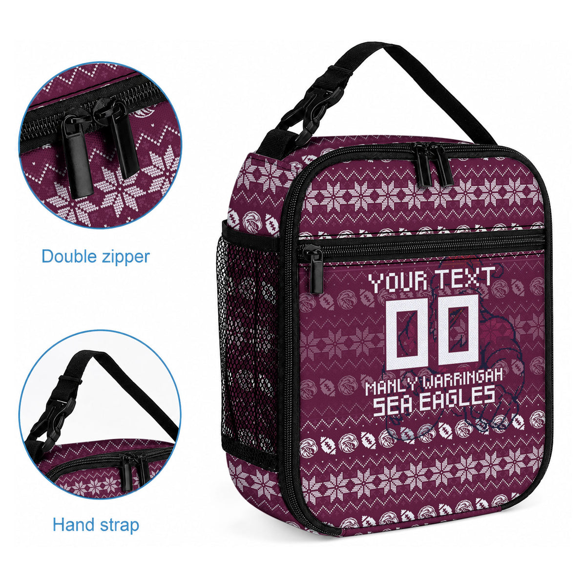 Personalized Sea Eagles Christmas Lunch Bag Australian Rugby Fans - Pixelated Ugly Xmas Pattern Mascot Santa