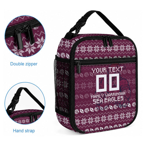 Personalized Sea Eagles Christmas Lunch Bag Australian Rugby Fans - Pixelated Ugly Xmas Pattern Mascot Santa