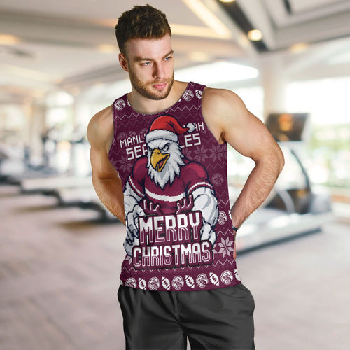 Personalized Sea Eagles Christmas Men Tank Top Australian Rugby Fans - Pixelated Ugly Xmas Pattern Mascot Santa