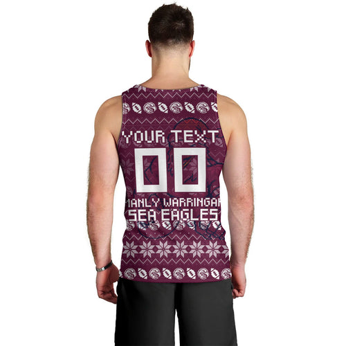 Personalized Sea Eagles Christmas Men Tank Top Australian Rugby Fans - Pixelated Ugly Xmas Pattern Mascot Santa