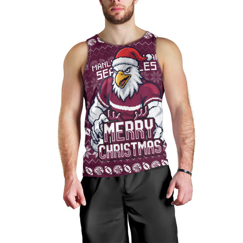 Personalized Sea Eagles Christmas Men Tank Top Australian Rugby Fans - Pixelated Ugly Xmas Pattern Mascot Santa