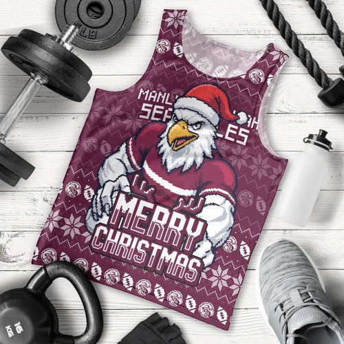Personalized Sea Eagles Christmas Men Tank Top Australian Rugby Fans - Pixelated Ugly Xmas Pattern Mascot Santa