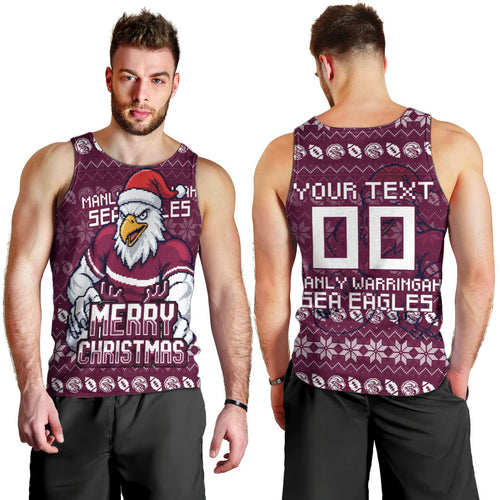 Personalized Sea Eagles Christmas Men Tank Top Australian Rugby Fans - Pixelated Ugly Xmas Pattern Mascot Santa