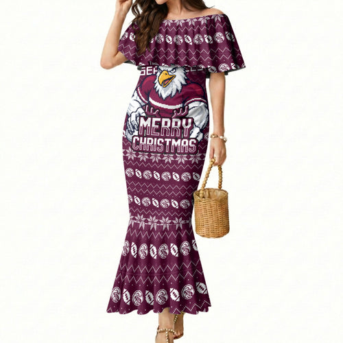 Personalized Sea Eagles Christmas Mermaid Dress Australian Rugby Fans - Pixelated Ugly Xmas Pattern Mascot Santa