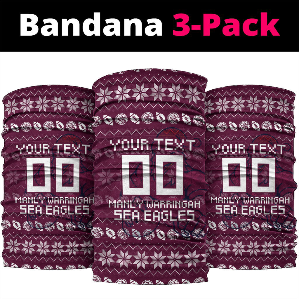 Personalized Sea Eagles Christmas Neck Gaiter Australian Rugby Fans - Pixelated Ugly Xmas Pattern Mascot Santa
