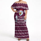 Personalized Sea Eagles Christmas Off Shoulder Maxi Dress Australian Rugby Fans - Pixelated Ugly Xmas Pattern Mascot Santa