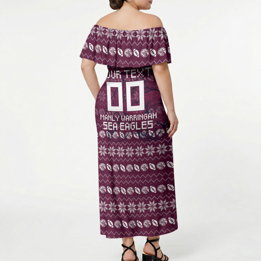 Personalized Sea Eagles Christmas Off Shoulder Maxi Dress Australian Rugby Fans - Pixelated Ugly Xmas Pattern Mascot Santa