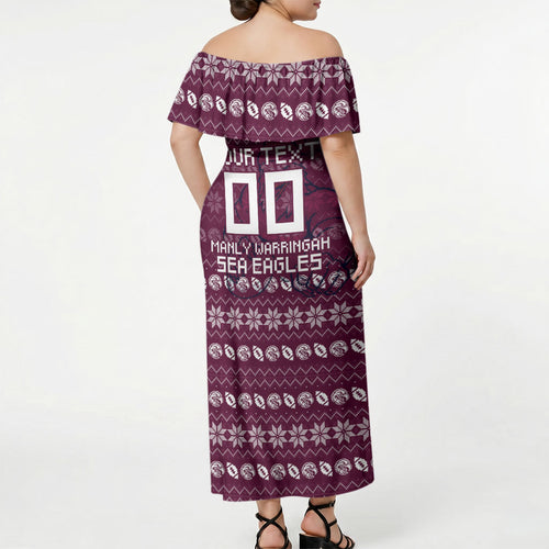 Personalized Sea Eagles Christmas Off Shoulder Maxi Dress Australian Rugby Fans - Pixelated Ugly Xmas Pattern Mascot Santa