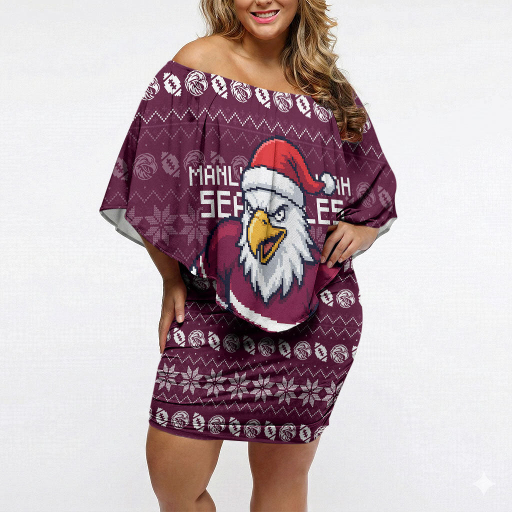 Personalized Sea Eagles Christmas Off Shoulder Short Dress Australian Rugby Fans - Pixelated Ugly Xmas Pattern Mascot Santa