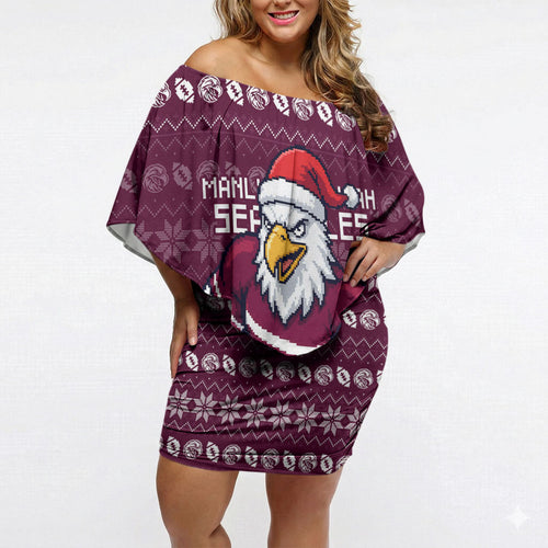Personalized Sea Eagles Christmas Off Shoulder Short Dress Australian Rugby Fans - Pixelated Ugly Xmas Pattern Mascot Santa