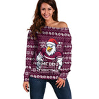 Personalized Sea Eagles Christmas Off Shoulder Sweater Australian Rugby Fans - Pixelated Ugly Xmas Pattern Mascot Santa