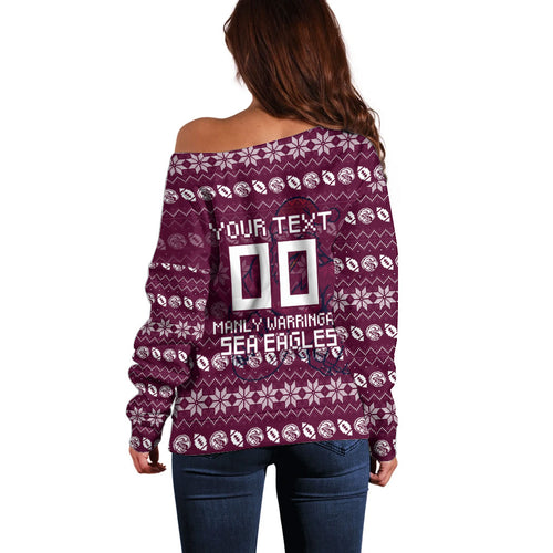 Personalized Sea Eagles Christmas Off Shoulder Sweater Australian Rugby Fans - Pixelated Ugly Xmas Pattern Mascot Santa