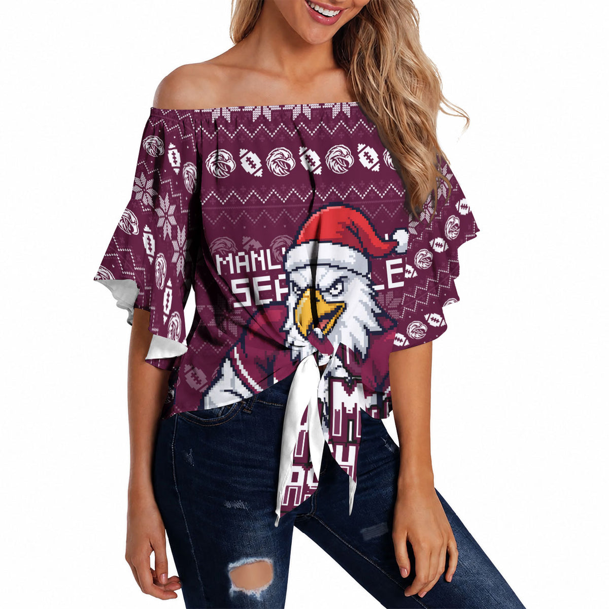 Personalized Sea Eagles Christmas Off Shoulder Wrap Waist Top Australian Rugby Fans - Pixelated Ugly Xmas Pattern Mascot Santa