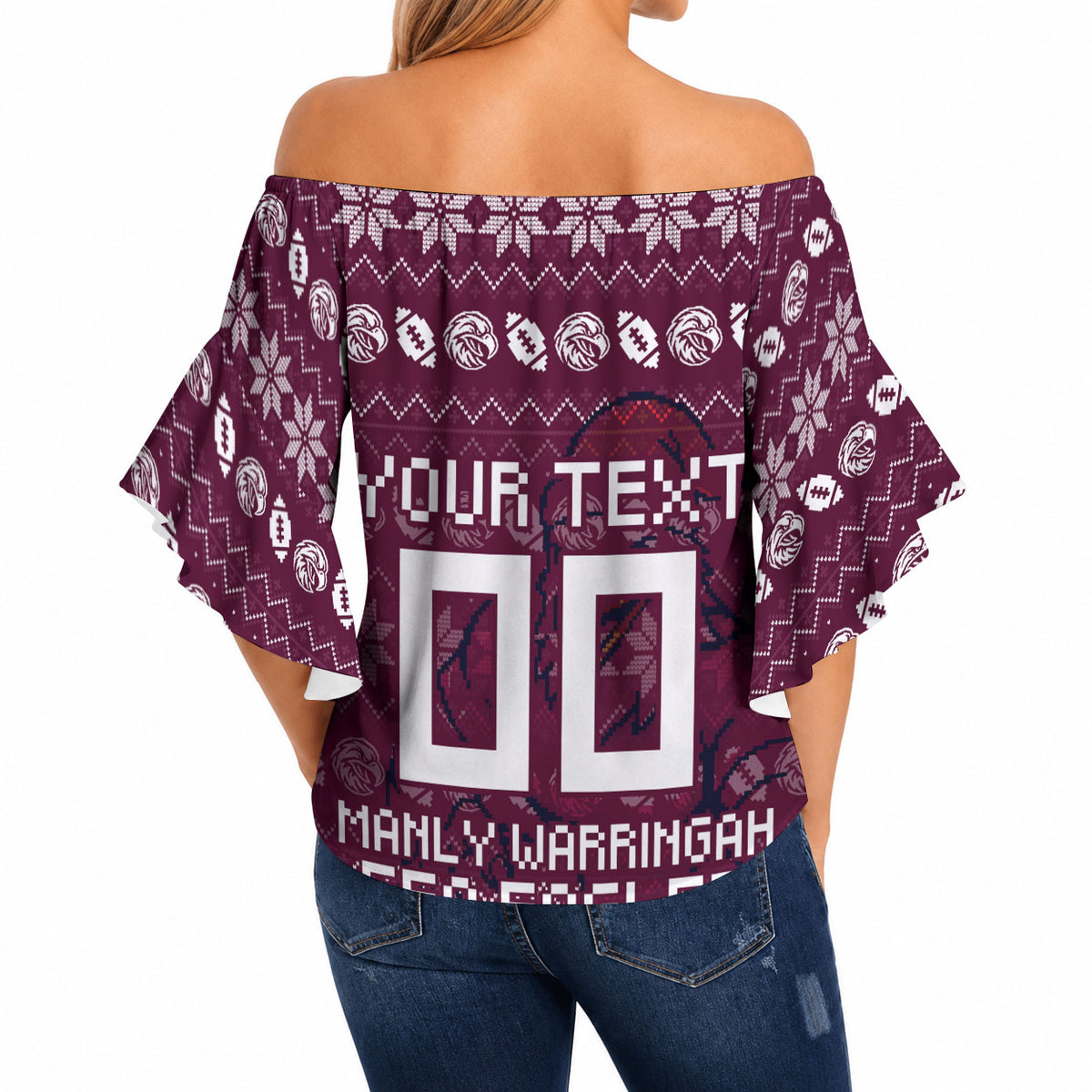 Personalized Sea Eagles Christmas Off Shoulder Wrap Waist Top Australian Rugby Fans - Pixelated Ugly Xmas Pattern Mascot Santa