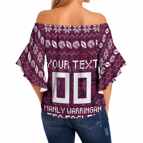 Personalized Sea Eagles Christmas Off Shoulder Wrap Waist Top Australian Rugby Fans - Pixelated Ugly Xmas Pattern Mascot Santa