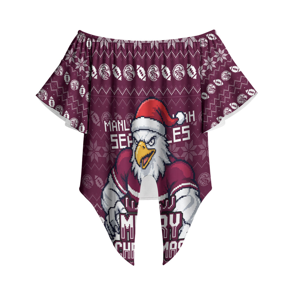 Personalized Sea Eagles Christmas Off Shoulder Wrap Waist Top Australian Rugby Fans - Pixelated Ugly Xmas Pattern Mascot Santa
