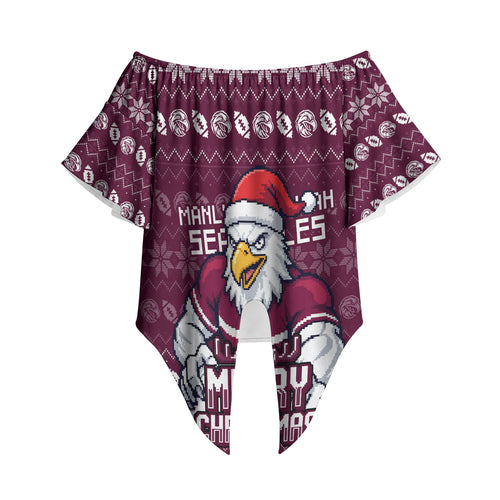 Personalized Sea Eagles Christmas Off Shoulder Wrap Waist Top Australian Rugby Fans - Pixelated Ugly Xmas Pattern Mascot Santa