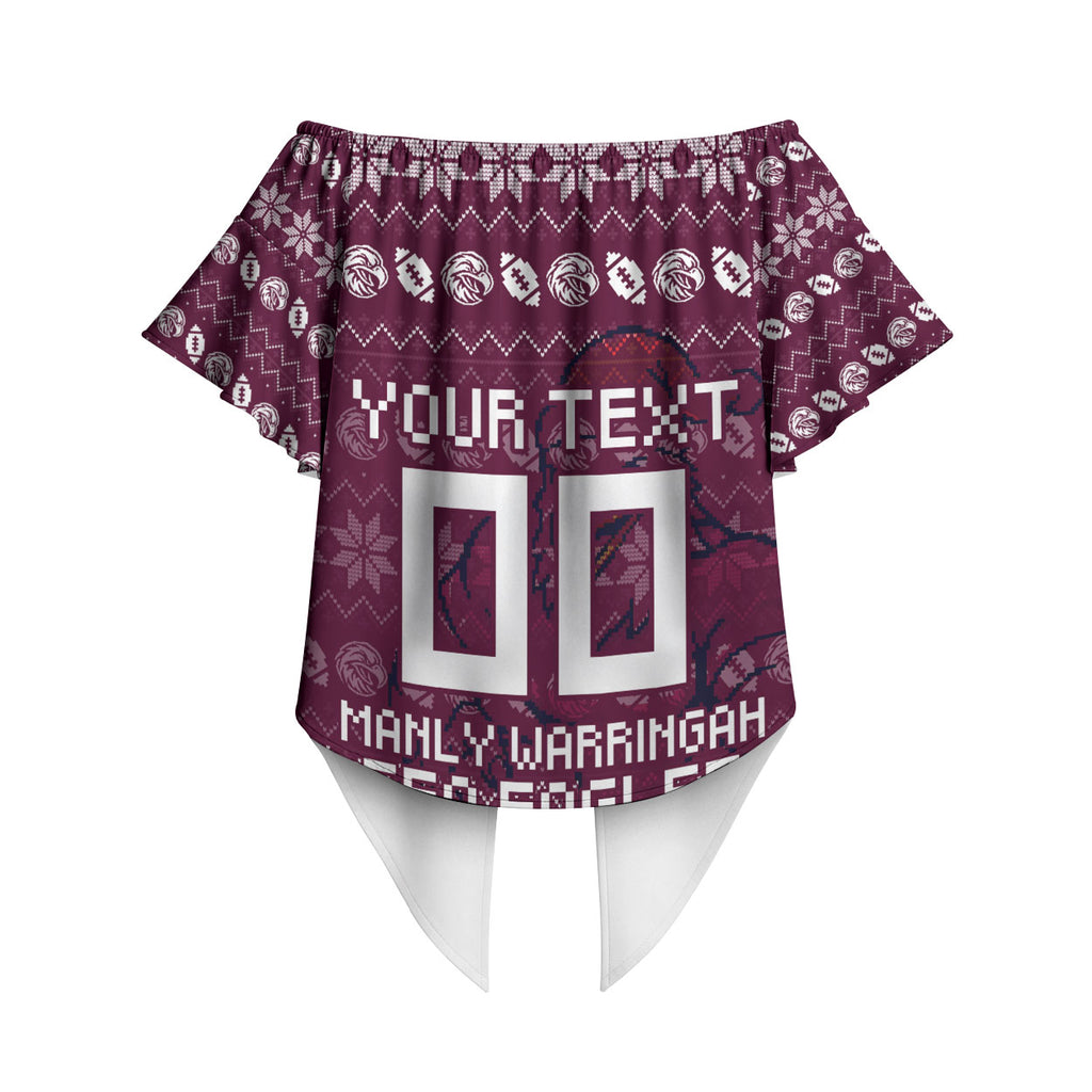 Personalized Sea Eagles Christmas Off Shoulder Wrap Waist Top Australian Rugby Fans - Pixelated Ugly Xmas Pattern Mascot Santa