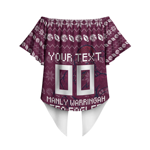 Personalized Sea Eagles Christmas Off Shoulder Wrap Waist Top Australian Rugby Fans - Pixelated Ugly Xmas Pattern Mascot Santa