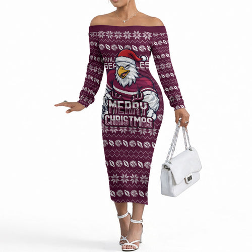 Personalized Sea Eagles Christmas Off The Shoulder Long Sleeve Dress Australian Rugby Fans - Pixelated Ugly Xmas Pattern Mascot Santa