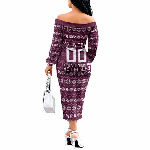 Personalized Sea Eagles Christmas Off The Shoulder Long Sleeve Dress Australian Rugby Fans - Pixelated Ugly Xmas Pattern Mascot Santa