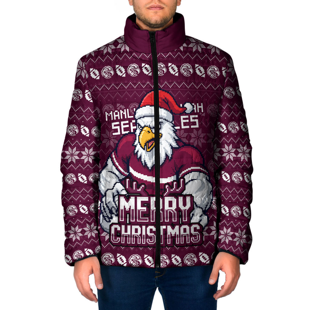Personalized Sea Eagles Christmas Padded Jacket Australian Rugby Fans - Pixelated Ugly Xmas Pattern Mascot Santa
