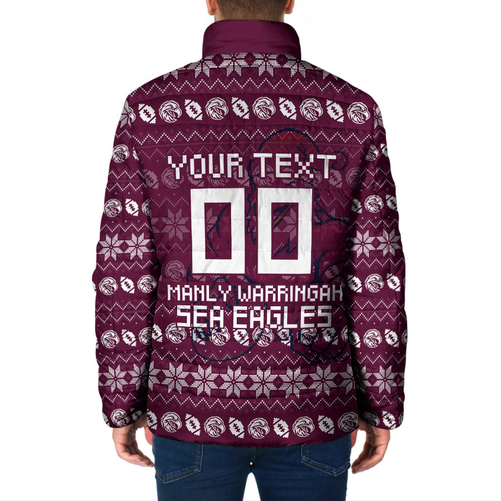 Personalized Sea Eagles Christmas Padded Jacket Australian Rugby Fans - Pixelated Ugly Xmas Pattern Mascot Santa