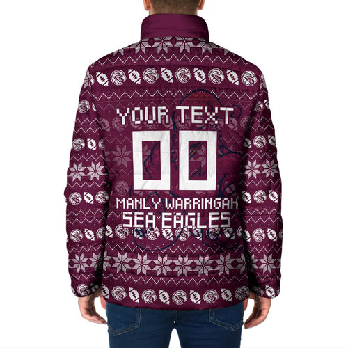 Personalized Sea Eagles Christmas Padded Jacket Australian Rugby Fans - Pixelated Ugly Xmas Pattern Mascot Santa