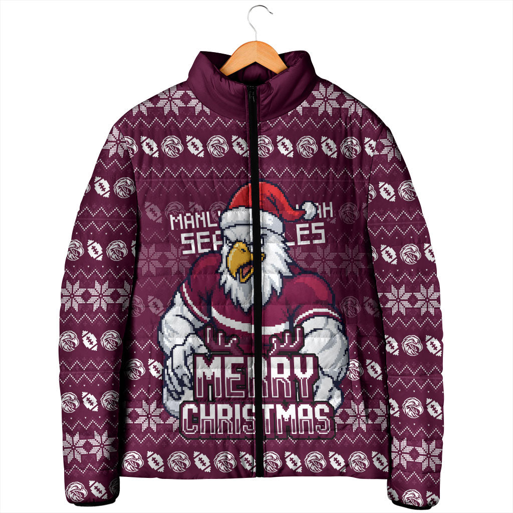 Personalized Sea Eagles Christmas Padded Jacket Australian Rugby Fans - Pixelated Ugly Xmas Pattern Mascot Santa
