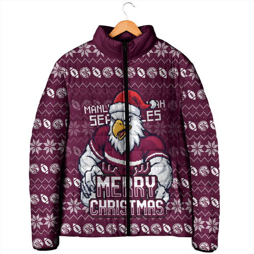 Personalized Sea Eagles Christmas Padded Jacket Australian Rugby Fans - Pixelated Ugly Xmas Pattern Mascot Santa