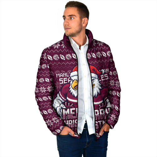 Personalized Sea Eagles Christmas Padded Jacket Australian Rugby Fans - Pixelated Ugly Xmas Pattern Mascot Santa