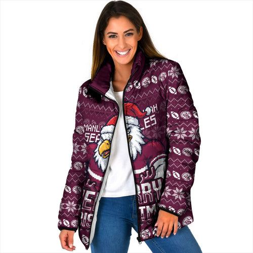 Personalized Sea Eagles Christmas Padded Jacket Australian Rugby Fans - Pixelated Ugly Xmas Pattern Mascot Santa