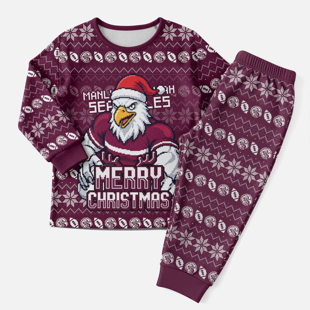 Personalized Sea Eagles Christmas Pajama Set Australian Rugby Fans - Pixelated Ugly Xmas Pattern Mascot Santa