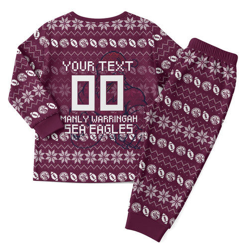 Personalized Sea Eagles Christmas Pajama Set Australian Rugby Fans - Pixelated Ugly Xmas Pattern Mascot Santa