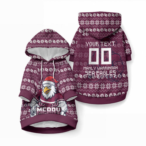Personalized Sea Eagles Christmas Pet Hoodie Australian Rugby Fans - Pixelated Ugly Xmas Pattern Mascot Santa