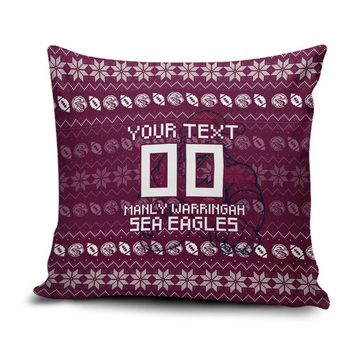 Personalized Sea Eagles Christmas Pillow Cover Australian Rugby Fans - Pixelated Ugly Xmas Pattern Mascot Santa
