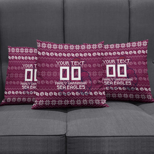 Personalized Sea Eagles Christmas Pillow Cover Australian Rugby Fans - Pixelated Ugly Xmas Pattern Mascot Santa