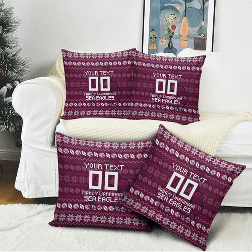 Personalized Sea Eagles Christmas Pillow Cover Australian Rugby Fans - Pixelated Ugly Xmas Pattern Mascot Santa