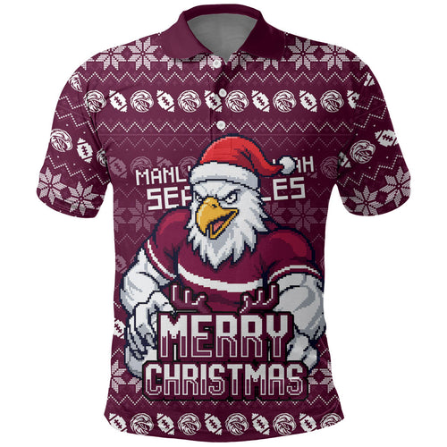 Personalized Sea Eagles Christmas Polo Shirt Australian Rugby Fans - Pixelated Ugly Xmas Pattern Mascot Santa