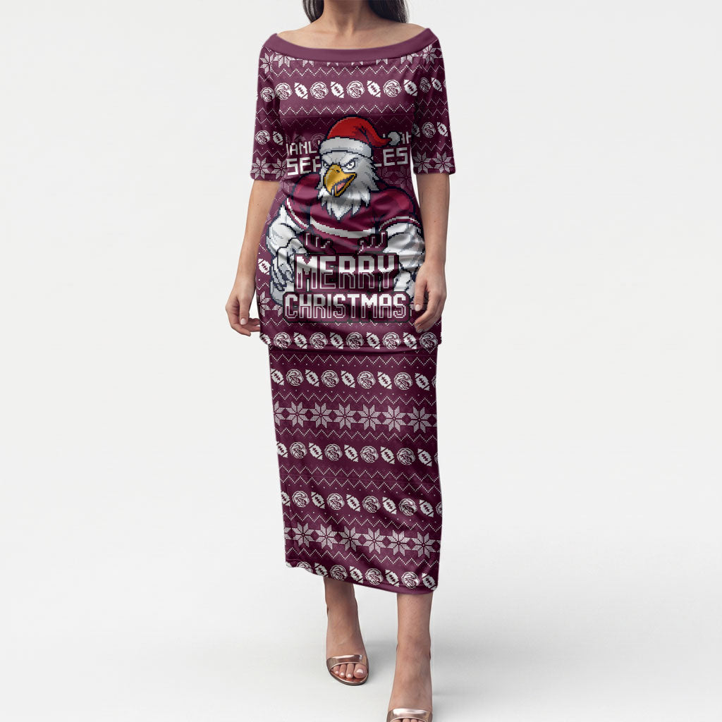 Personalized Sea Eagles Christmas Puletasi Australian Rugby Fans - Pixelated Ugly Xmas Pattern Mascot Santa