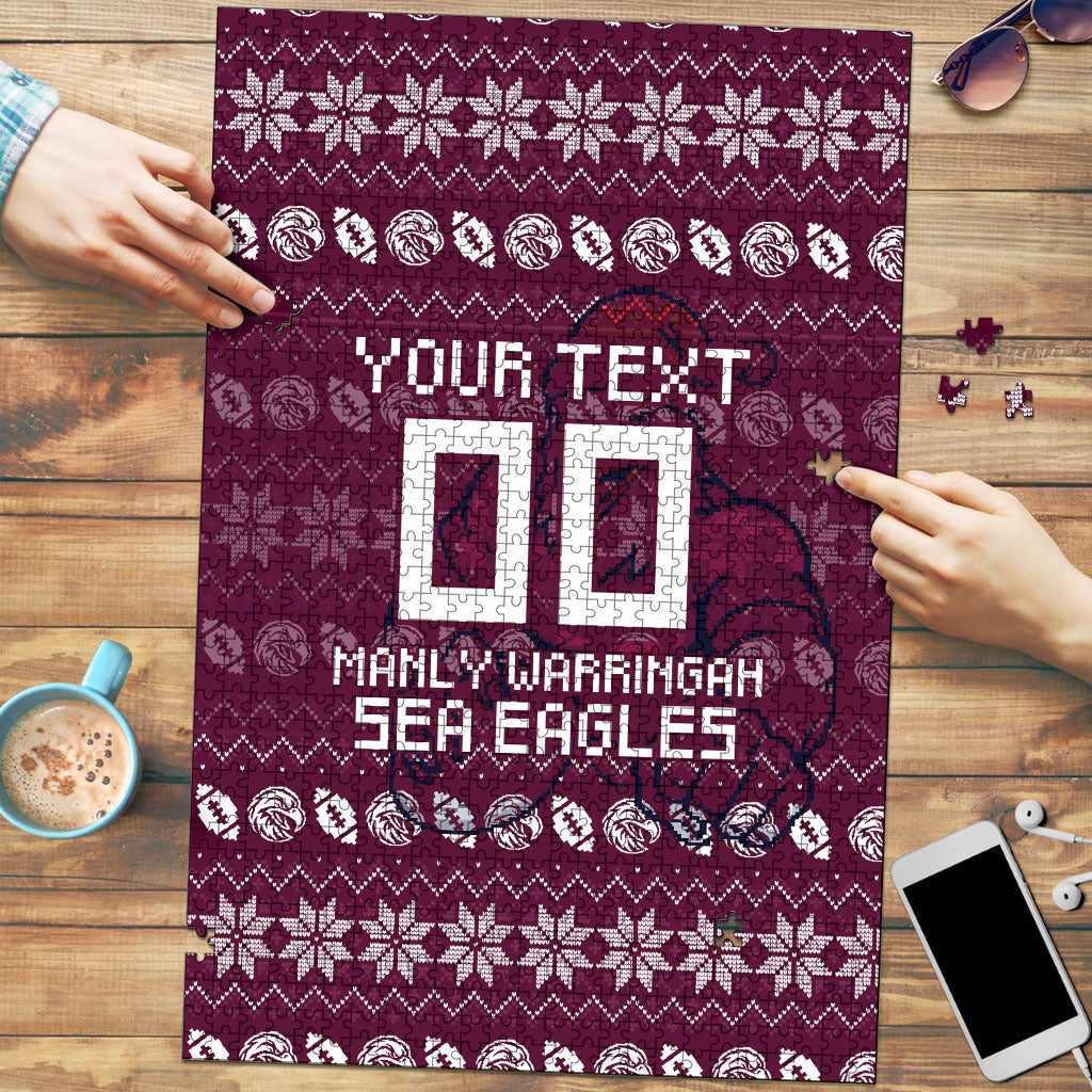 Personalized Sea Eagles Christmas Puzzle Australian Rugby Fans - Pixelated Ugly Xmas Pattern Mascot Santa