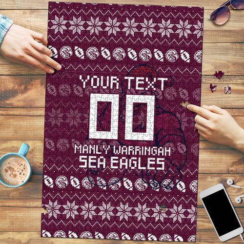 Personalized Sea Eagles Christmas Puzzle Australian Rugby Fans - Pixelated Ugly Xmas Pattern Mascot Santa