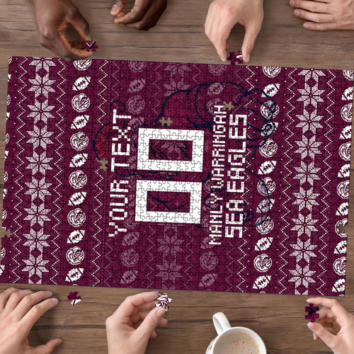 Personalized Sea Eagles Christmas Puzzle Australian Rugby Fans - Pixelated Ugly Xmas Pattern Mascot Santa