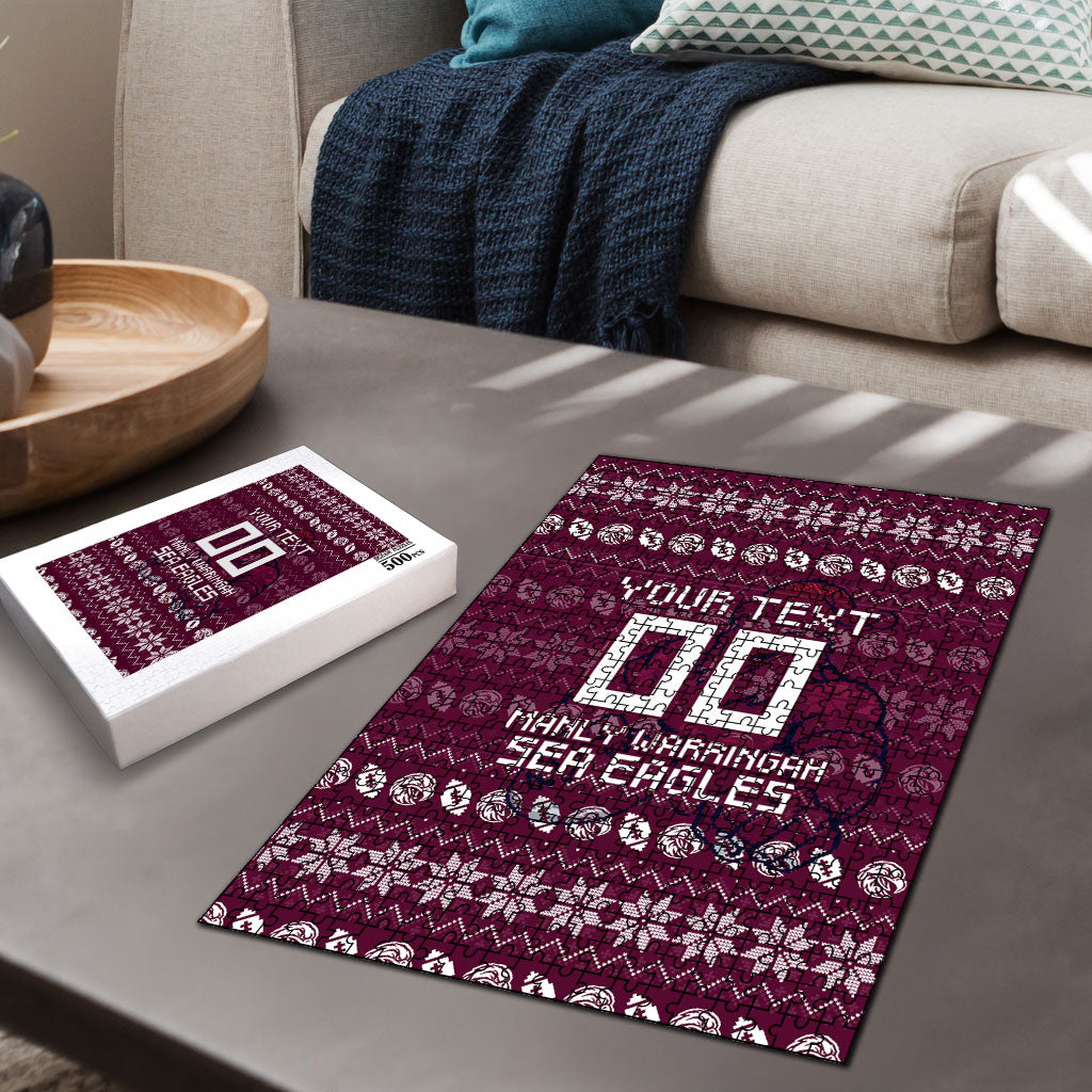 Personalized Sea Eagles Christmas Puzzle Australian Rugby Fans - Pixelated Ugly Xmas Pattern Mascot Santa