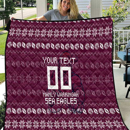 Personalized Sea Eagles Christmas Quilt Australian Rugby Fans - Pixelated Ugly Xmas Pattern Mascot Santa